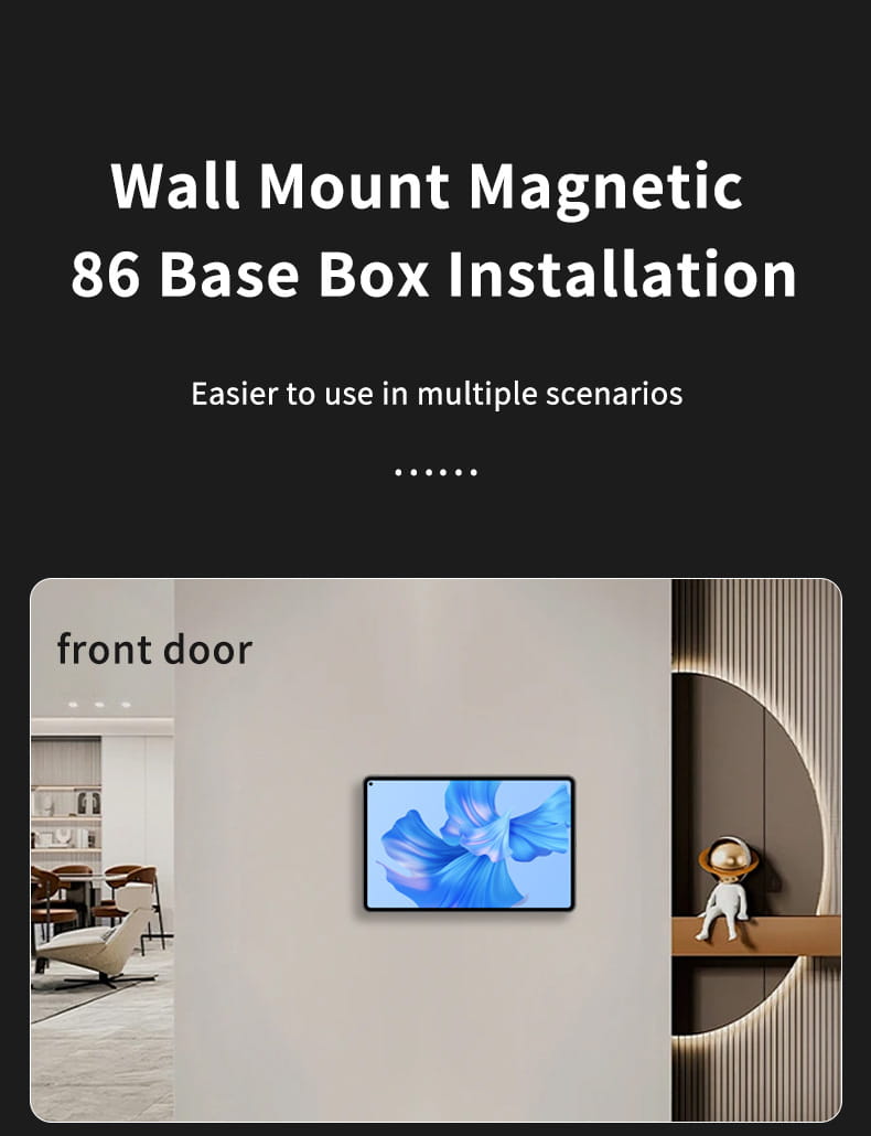A sleek rectangular smart display with a black frame and vibrant blue floral screen mounted on a tablet wall mount magnetic bracket for ipad charger.