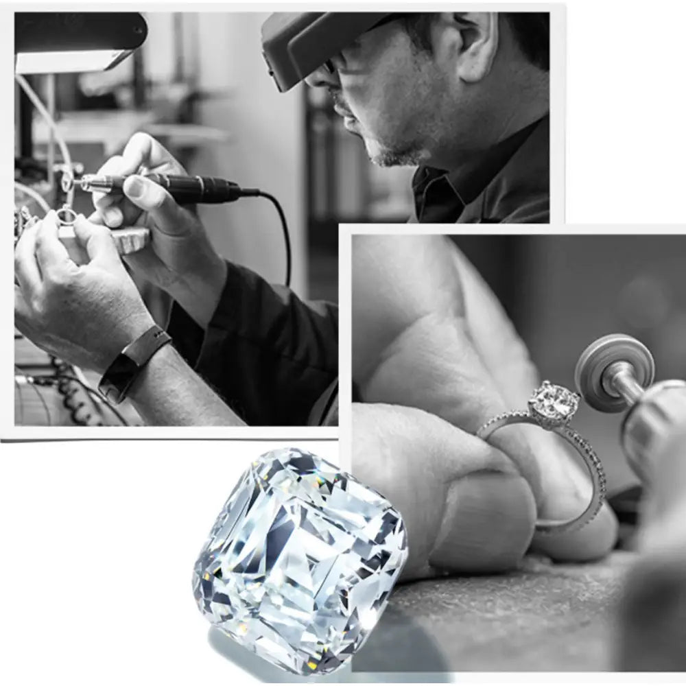 Collier pendentif de bijouterie fine sur mesure en or et en argent, comprenant un diamant à taille carrée rayonnant aux facettes finement travaillées et un éclat remarquable.