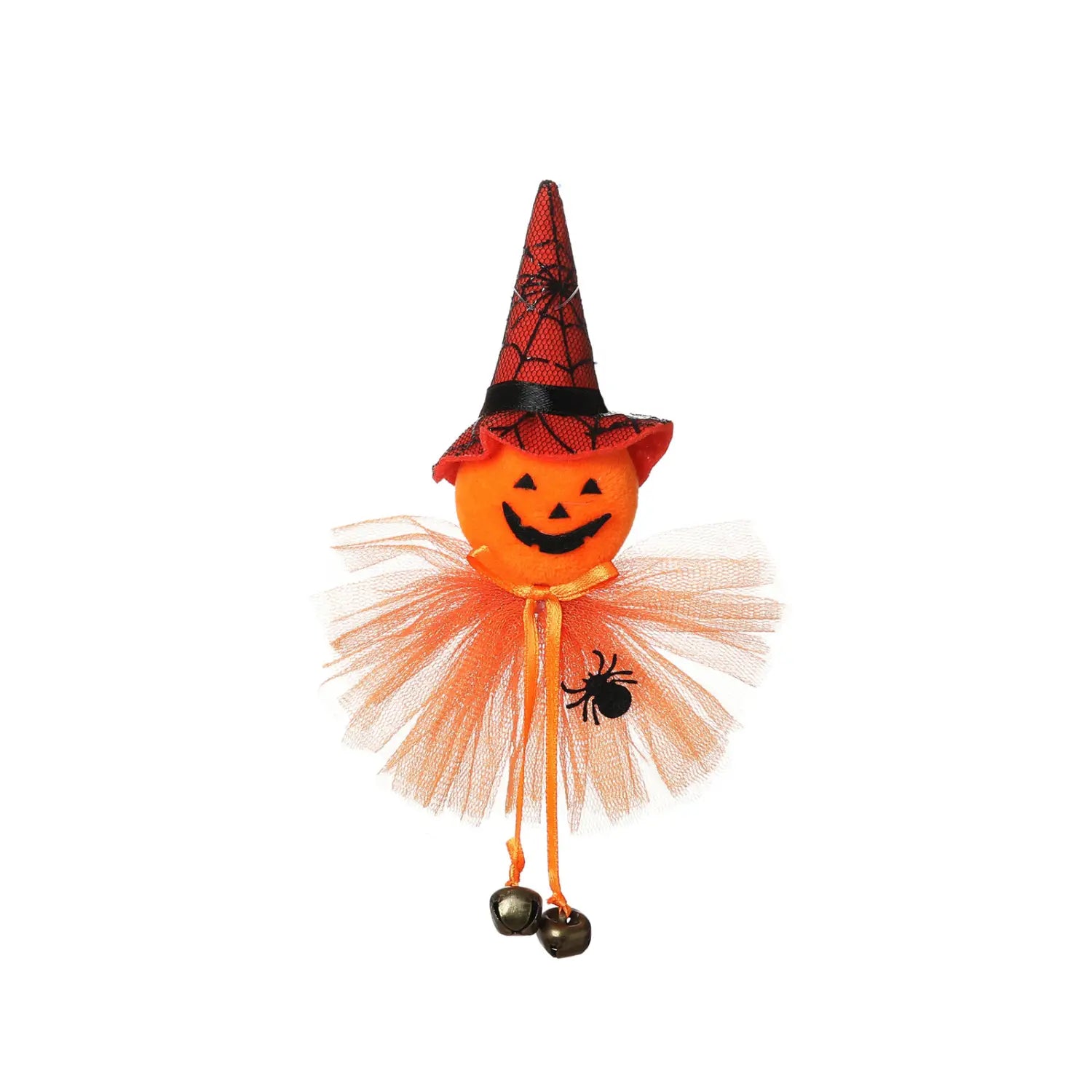 Colgante de halloween de bruja de calabaza naranja, adorno de halloween, con sombrero de tela de telaraña roja, falda de tul naranja y campanas colgantes