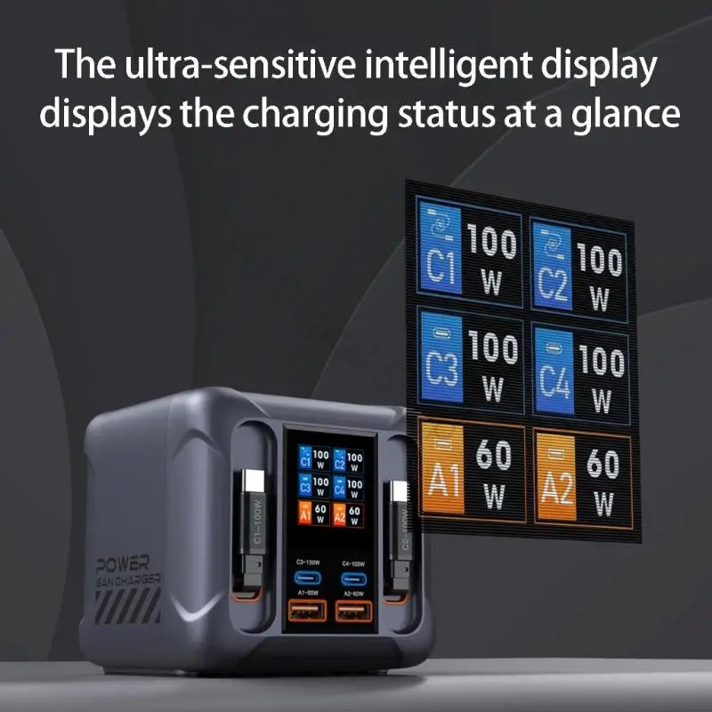 96BA EU Plug 300W Charging Hub 6 Port Retractable USB C Cable Charging Station