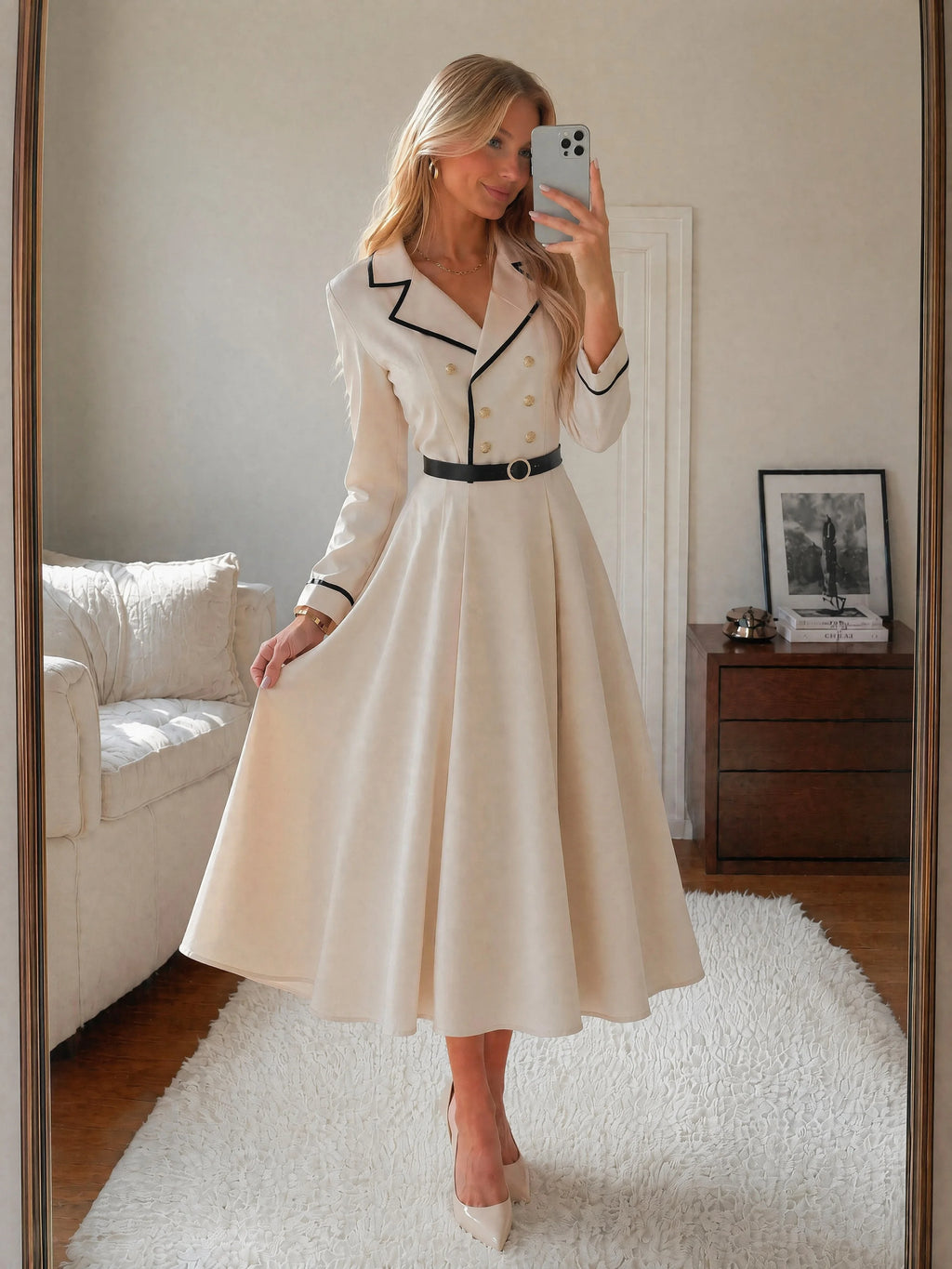 Women Blazer Dress Lapel Collar Long Sleeve Double Breasted Belted A-Line Midi Dress Office Wear