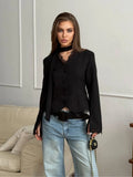 Elegant Lace Patchwork Blazer With Scarf Women Chic V-neck Single Breasted Short Coat Jacket 2026 Autumn Winter Women Outwear
