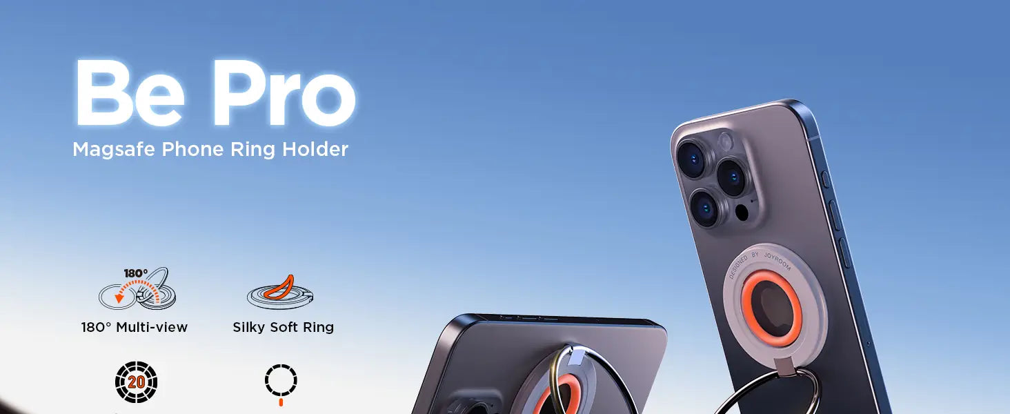 Anillo de sujeción magnético para teléfono MagSafe en color plateado con una característica especial: aro de silicona naranja suave y funcionalidad de soporte, mostrado desde la parte posterior