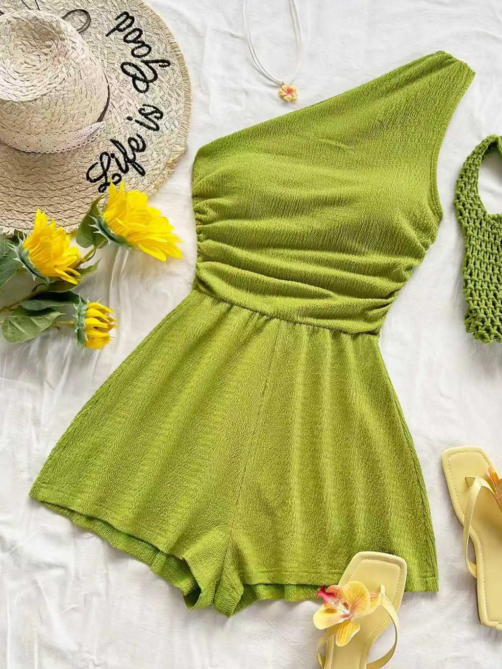 Women One Shoulder Ruched Romper Textured Sleeveless Jumpsuit Wide Leg Shorts Playsuit Casual Summer Beach Vacation Outfits