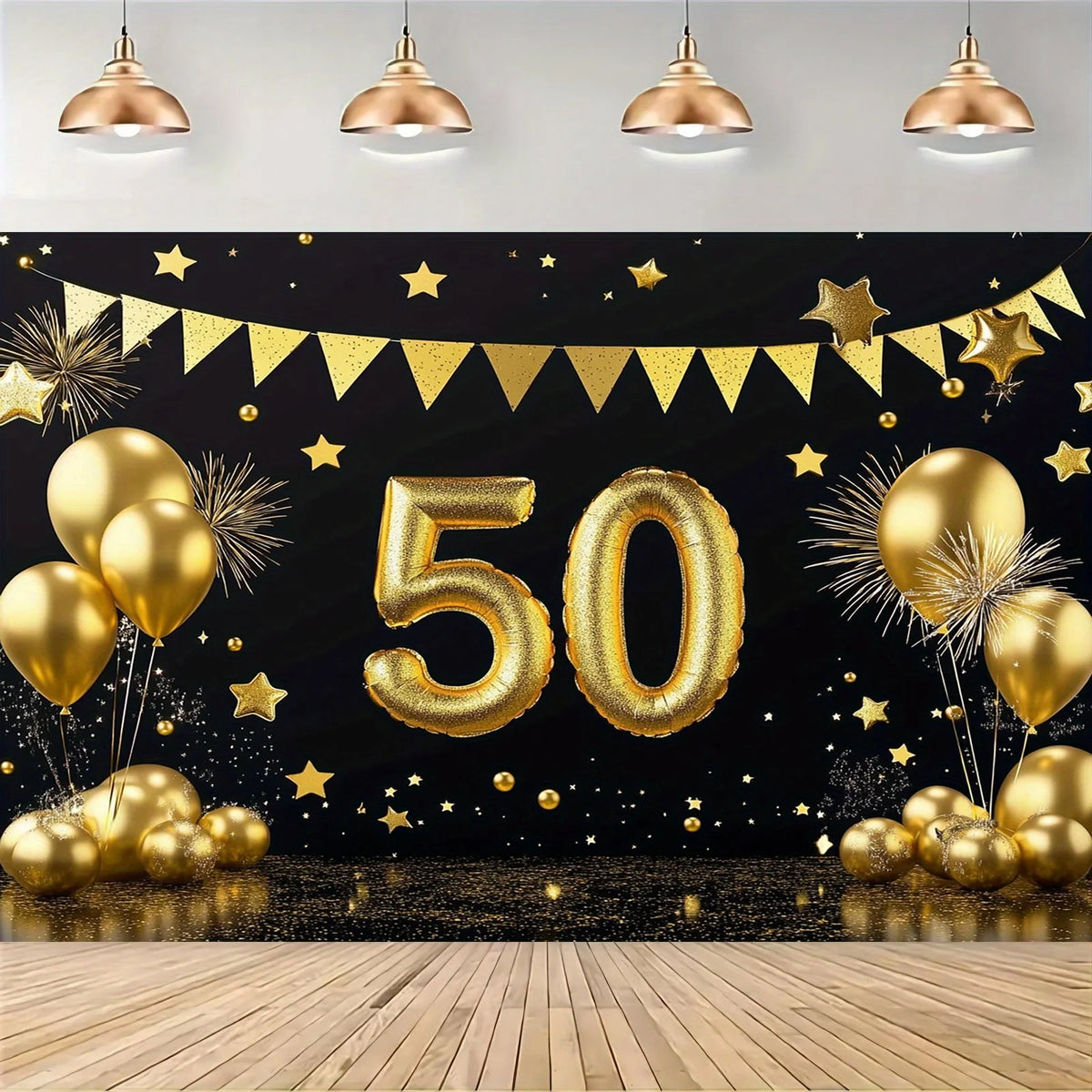 1 50th anniversary celebration banner, - Golden anniversary and birthday party background, photo booth and dessert table