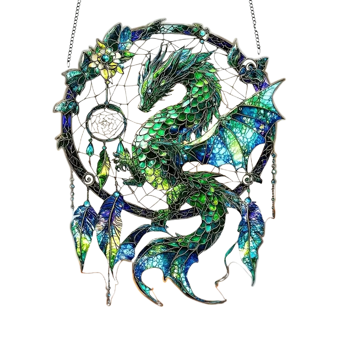 Un atrapasueños acrílico vibrante de dragón verde y azul, con detalles intrincados estilo vitrales, adornado con plumas, flores y cuentas colgantes, visto de frente.