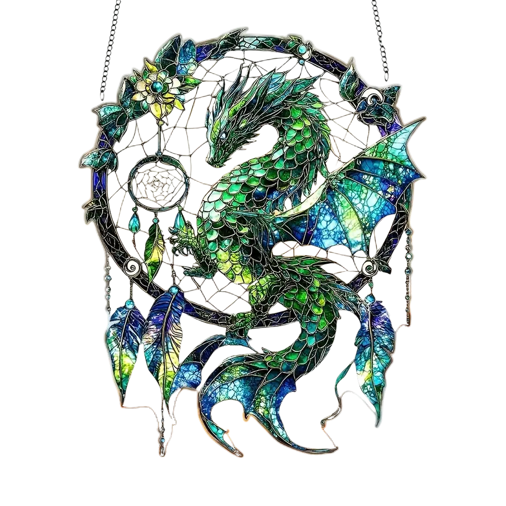 A green and blue dragon-themed stained glass dream catcher with intricate scales and feathers shown from the front