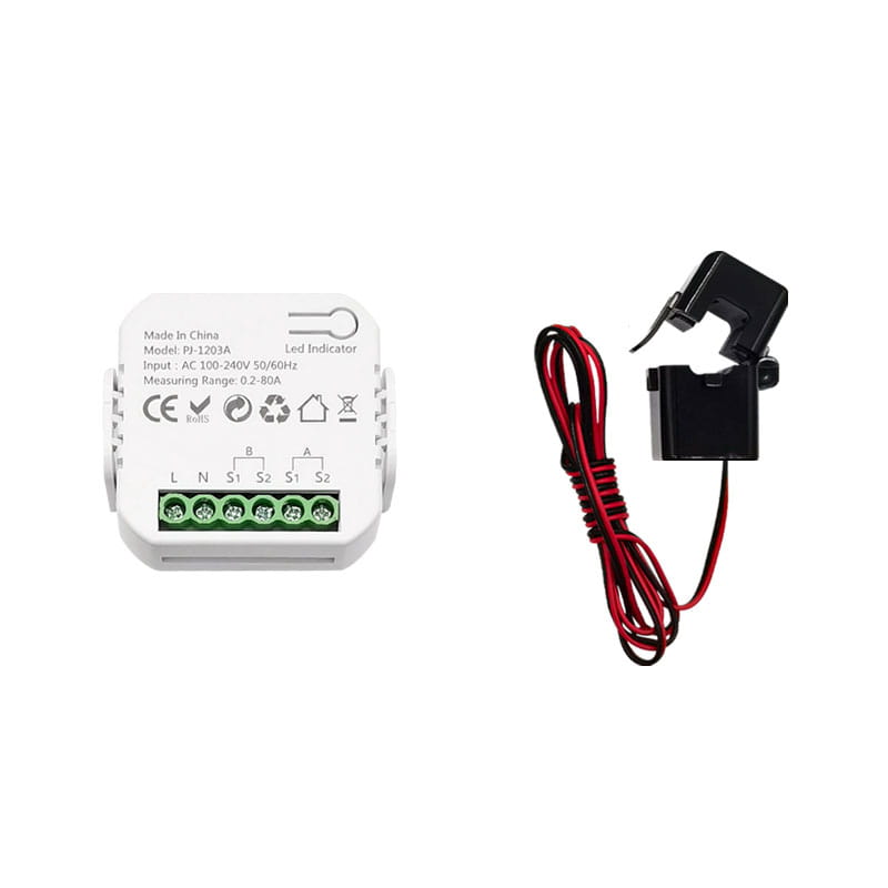 Ein weißer Kunststoff-Zigbee-Energieüberwachungs-Bidirektionaler Smart-Power-Meter mit grünen Klemmenleisten und einem schwarzen Klemmsensor, befestigt mit rotem Kabel zur Messung des elektrischen Stroms