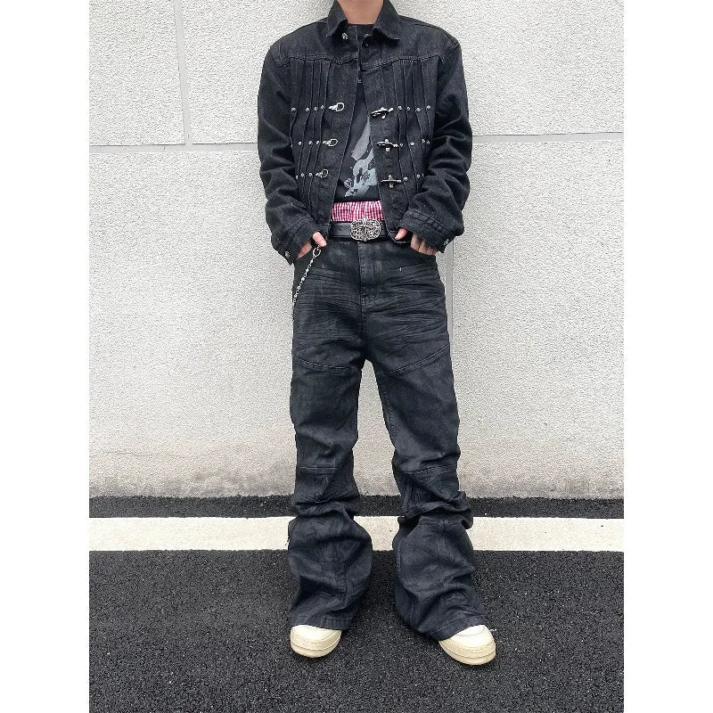 Denim Pant Men Stacked Jeans Vintage Pants Spliced Full Length Mid Waist Washed Straight Trousers Y2k High Street Casual Spring