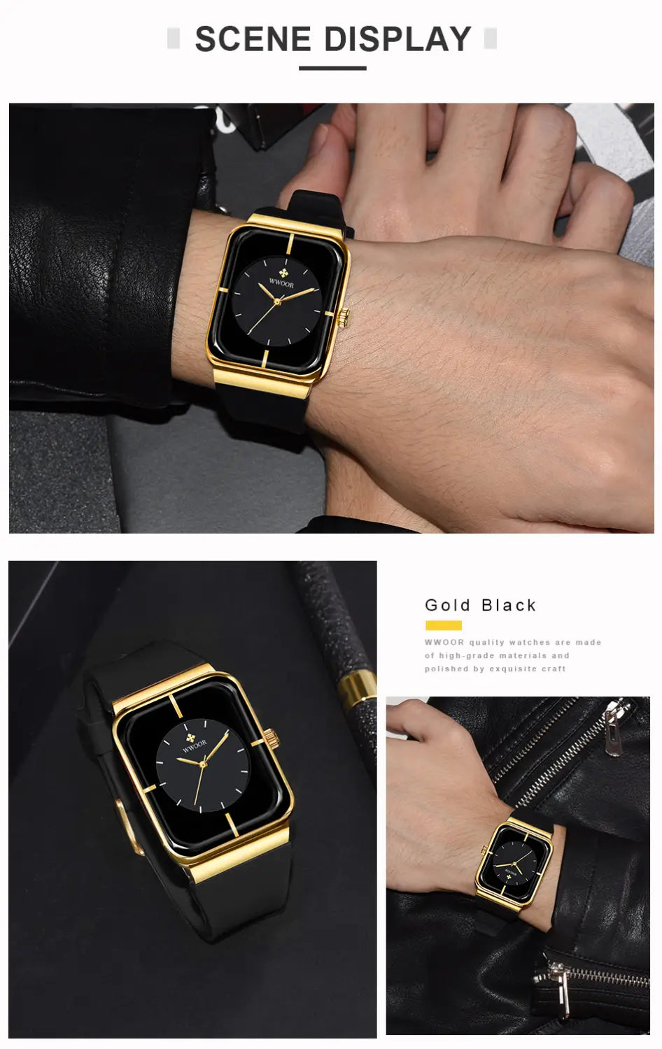 Wwoor gold rectangle quartz watch featuring a gold-tone rectangular case with a black dial and matching black strap.