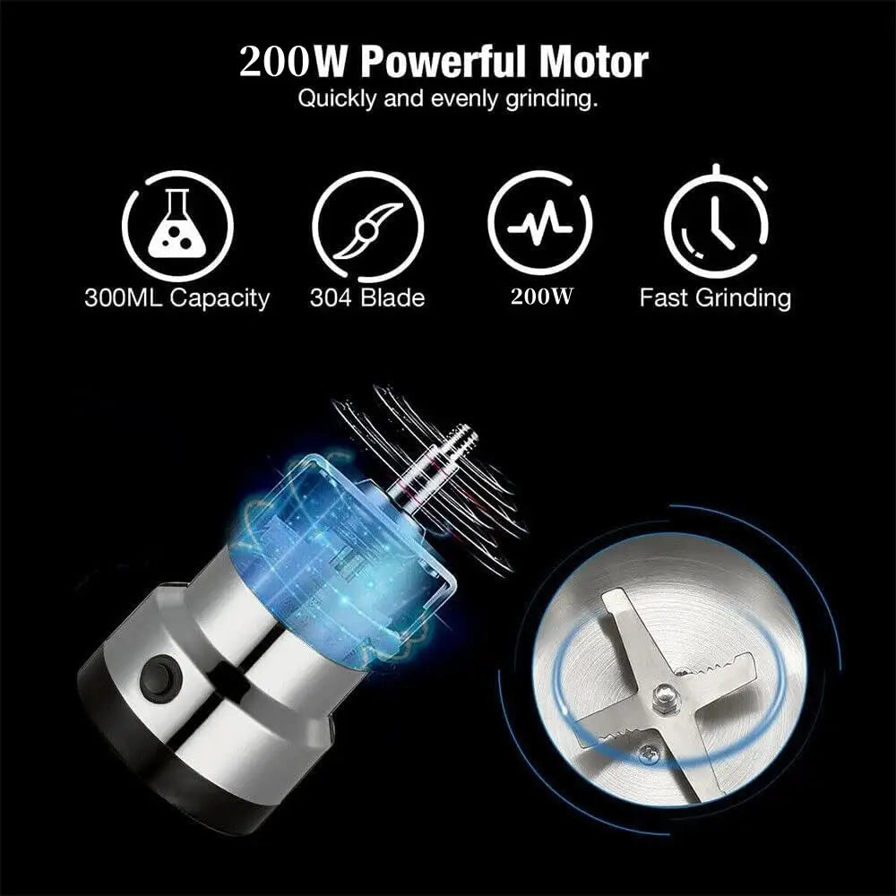 Electric coffee and spice grinder blade mill featuring a silver and black body with a transparent blue container and a 304 stainless steel blade for powerful grinding.