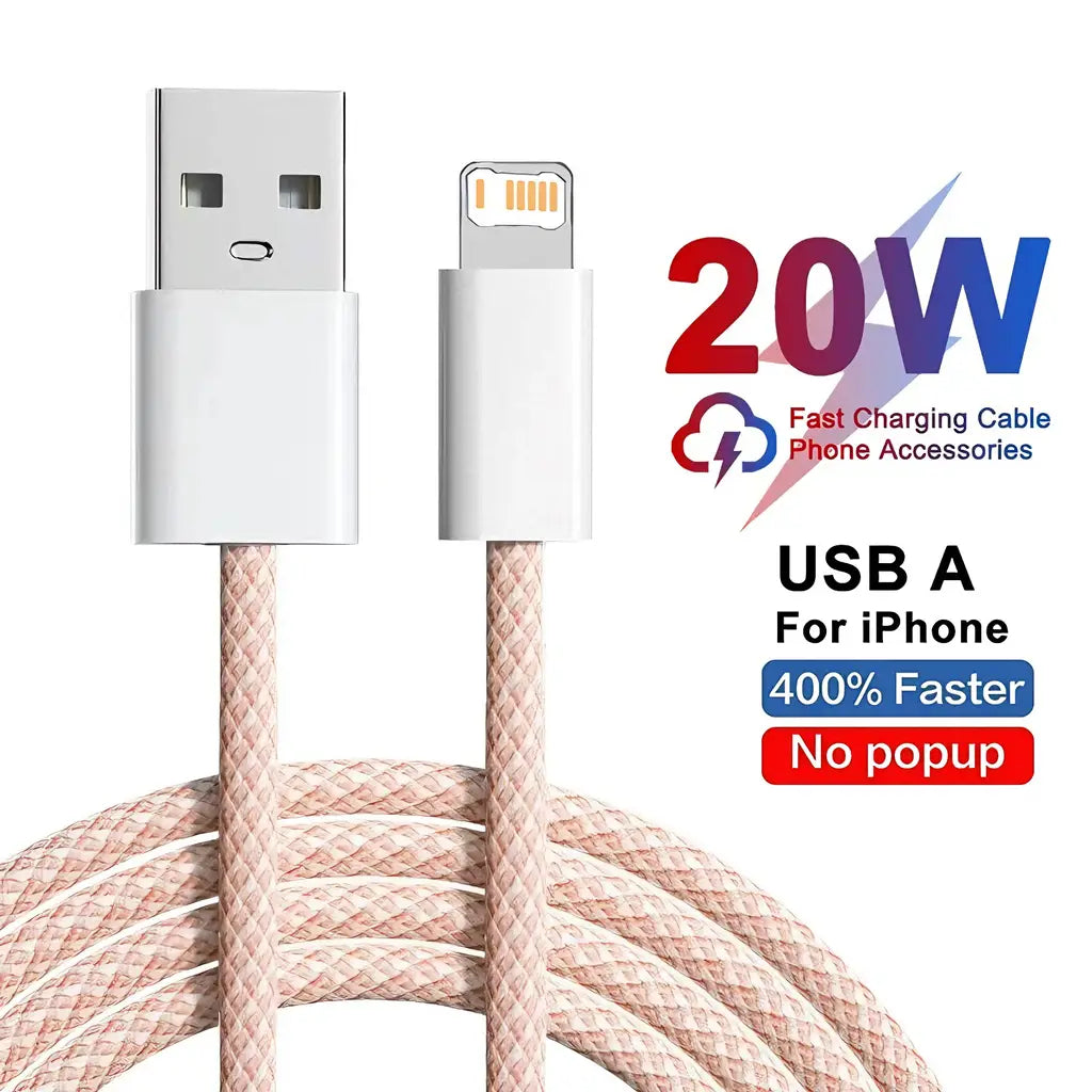 A beige braided usb-a to lightning charging cable with white connectors designed for fast 20w charging of iphone devices.