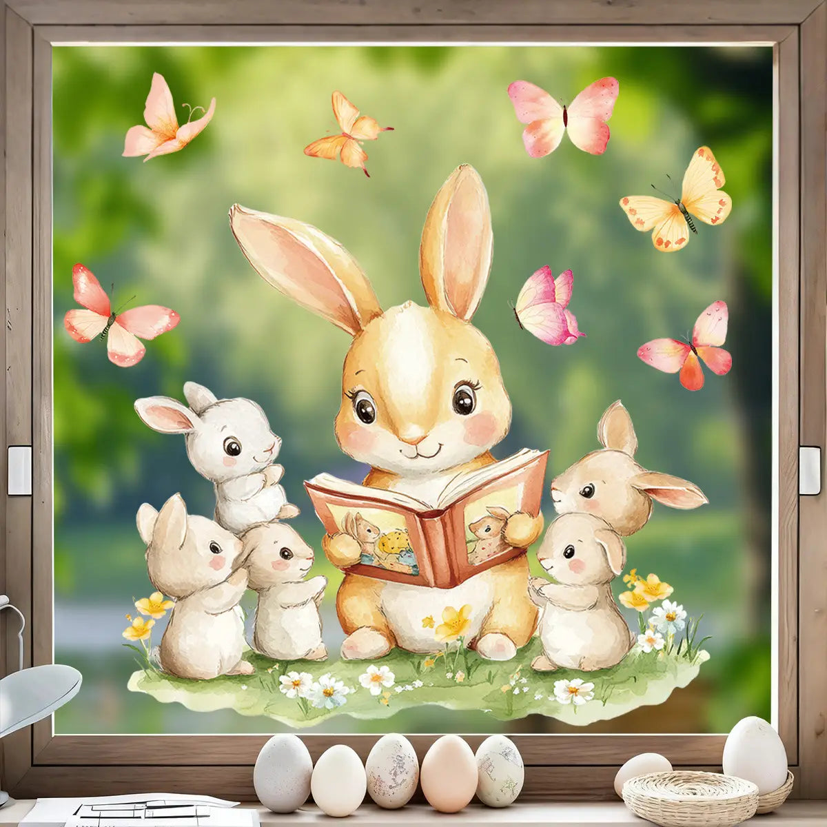 Easter bunny window decals featuring a cute beige and white bunny reading sticker surrounded by colorful butterflies and flowers for glass decoration.