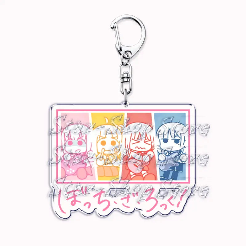 Clear acrylic keychain featuring four colorful chibi-style anime characters in panels with a silver metal clasp from the anime character acrylic keychain Bocchi the Rock collection.