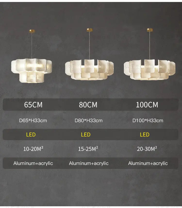 Minimalist Wabi Sabi LED chandelier pendant light featuring a modern tiered design with frosted acrylic and aluminum frame available in 65cm 80cm or 100cm diameters.
