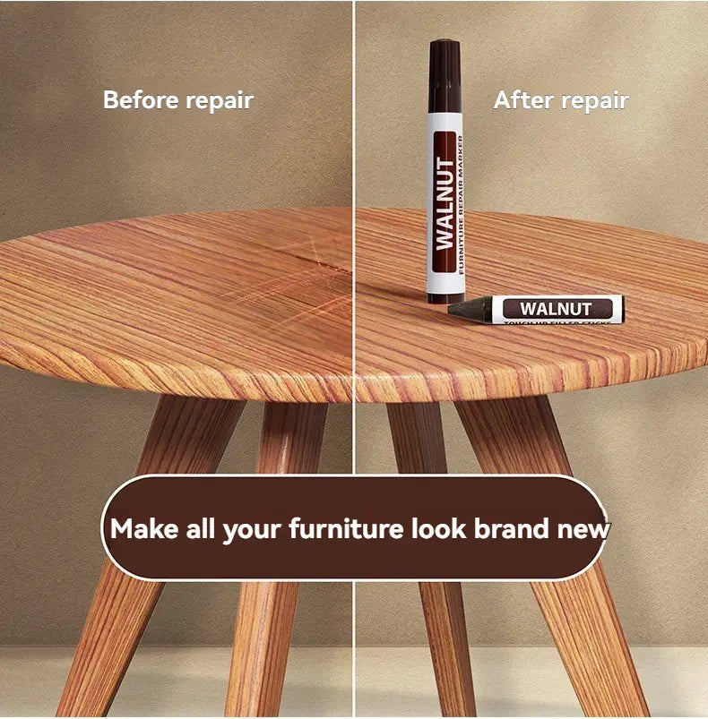 Marqueur de réparation pour meubles en bois de marque « Walnut », avec capuchon noir et corps blanc, conçu pour les retouches et le remplissage des rayures sur les surfaces en bois, dans un coffret « retrait des rayures ».