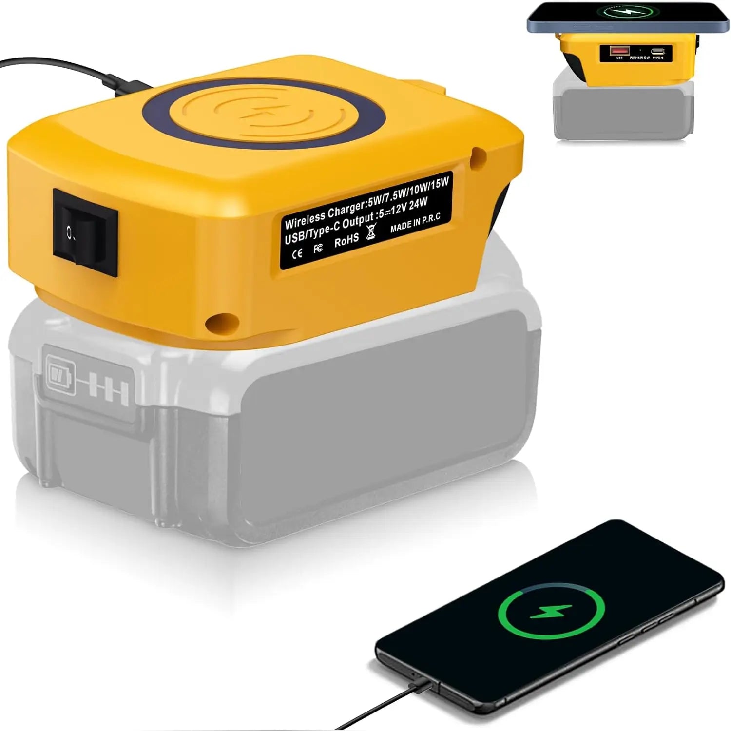 Cargador de banco de energía inalámbrico amarillo con símbolo de inducción circular negro y puertos USB-C, diseñado para acoplarse a baterías de herramientas eléctricas grises, con compatibilidad con protocolo de carga rápida.