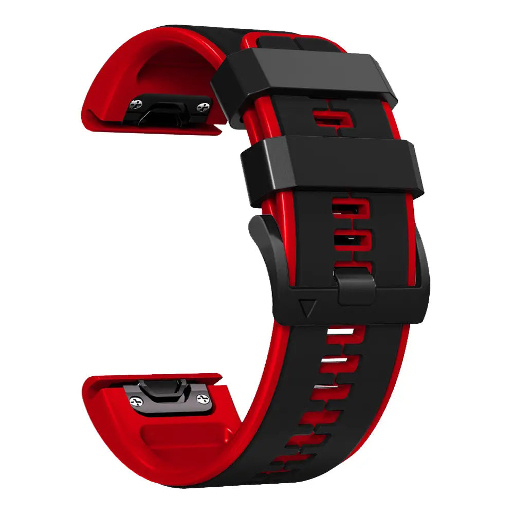 Rotes und schwarzes Silikonarmband mit sportlichem, strukturiertem Design, kompatibel mit Garmin Fenix und Garmin Forerunner-Modelle.