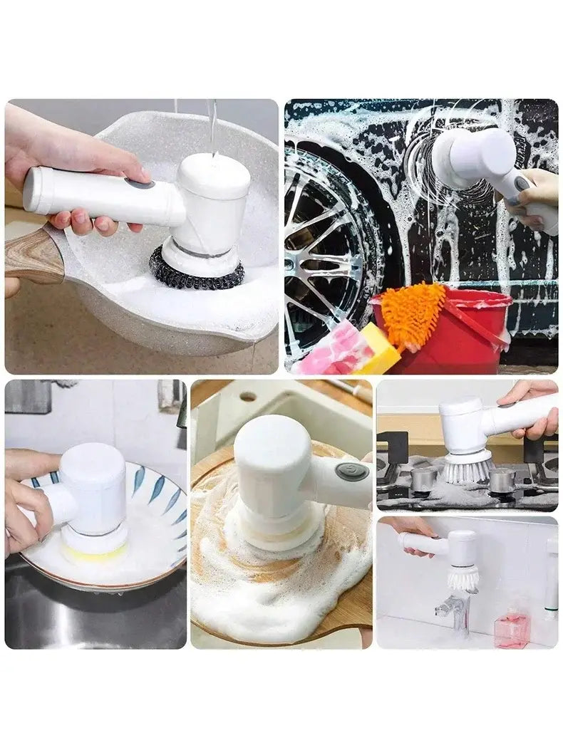 white electric spin scrubber with a rounded handle and rotating bristle head designed for cordless electric cleaning on pots pans car wheels stovetops and sinks