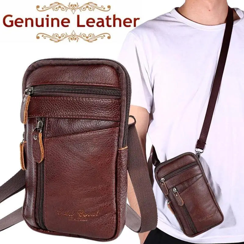 braune echte Ledergürteltasche für Herren mit mehreren Reißverschluss-Fächern und passendem, verstellbarem Riemen, entworfen als bequeme Gürteltasche und Umhängetasche für das Mobiltelefon.