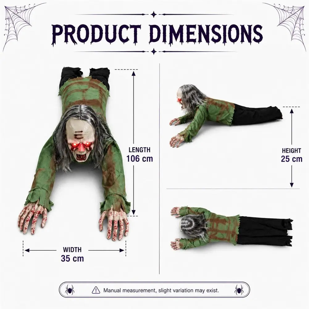 animiertes kriechendes Zombie-Halloween-Prop mit Sound und Lichtern, mit einer 106 cm langen Figur im Grün-Braun-Camouflage-Muster, grauem Haar, rot leuchtenden Augen und blutigen Händen, die auf dem Bauch liegen.
