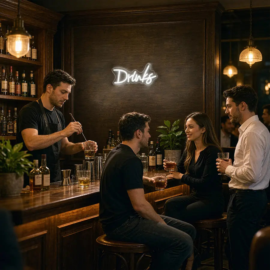 décoration murale à LED pour enseigne au néon « drinks » en cursive, présentant un motif d’écriture cursive blanche lumineuse pour un éclairage intérieur élégant