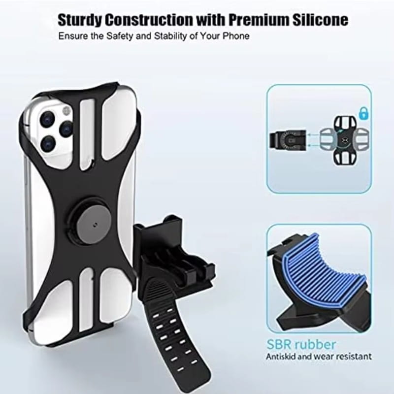 Soporte universal para teléfono de bicicleta de silicona negra que muestra el lado posterior con correa ajustable y agarre de goma SBR.