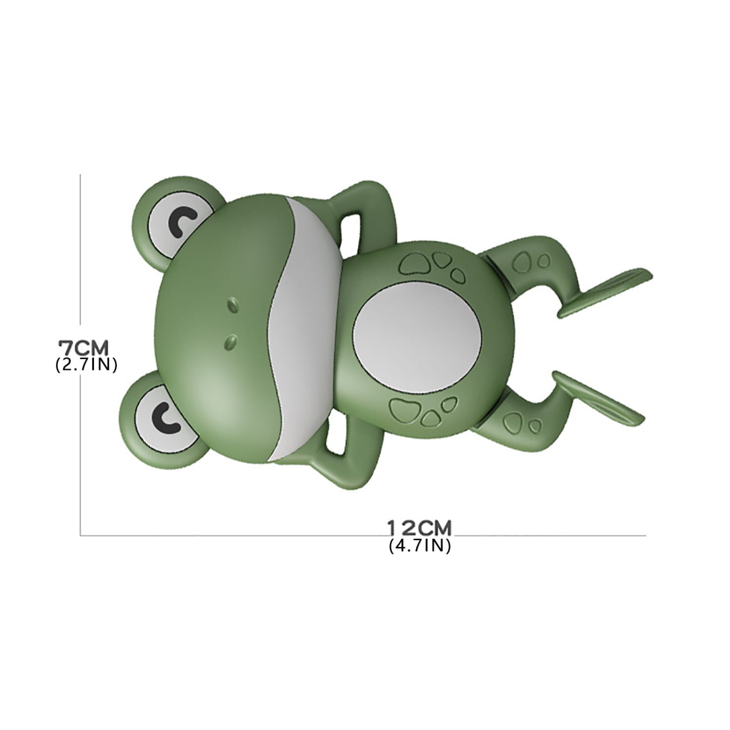 Aufzieh-Frosch-Badespielzeug aus grünem und weißem Kunststoff, 7 cm hoch und 12 cm breit, ausgelegt zum Schwimmen im Wasser.
