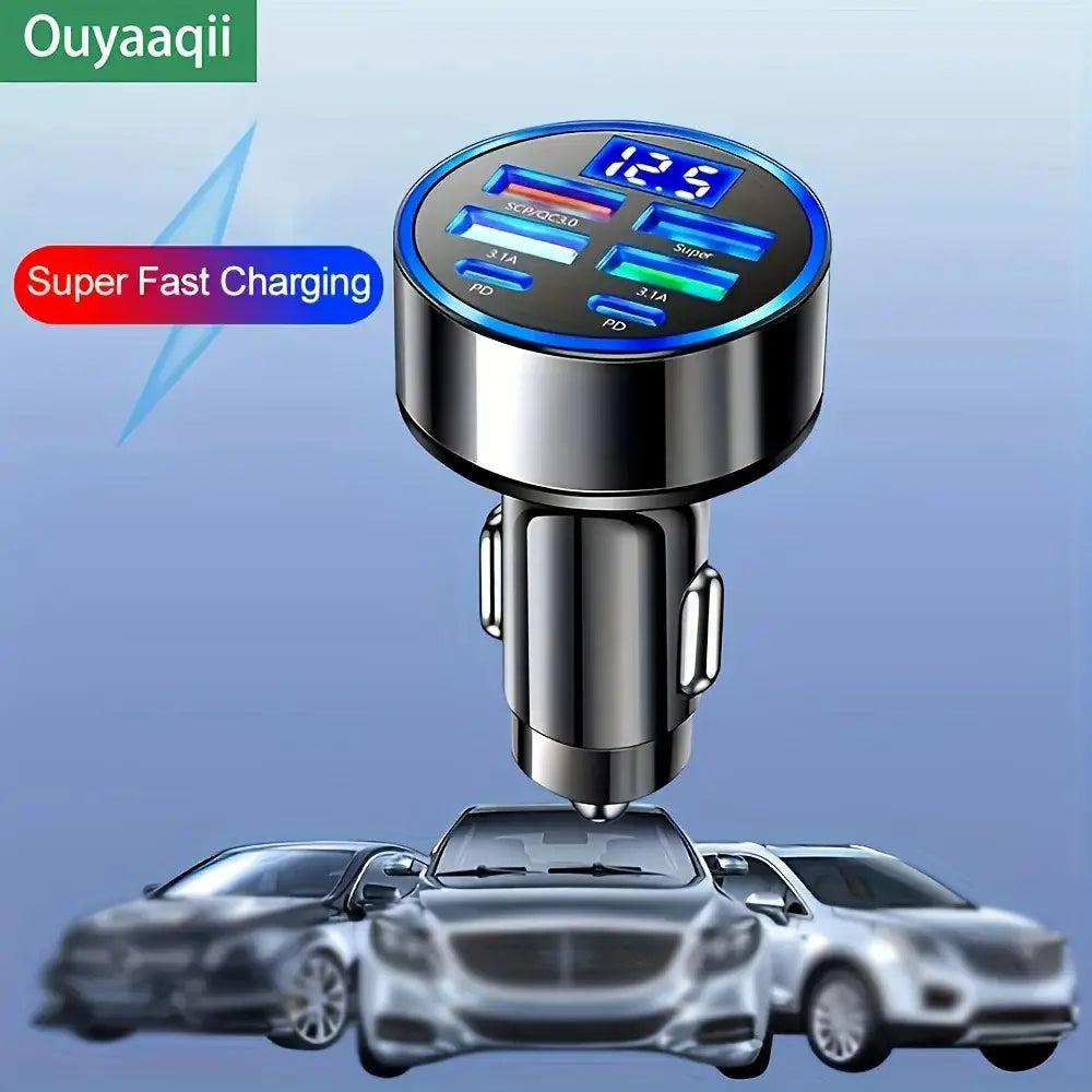 Silver ouyaaqii 6 port fast car charger with multiple usb ports and led digital display for convenient device charging in vehicles
