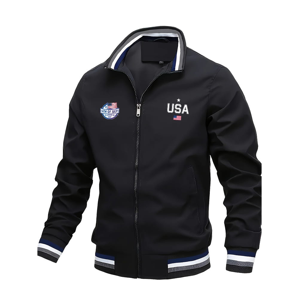 Chaqueta tipo bomber USA para hombre, con cierre negro, ribetes a rayas azul marino y blanco, parche de la bandera de EE. UU. en el lado izquierdo del pecho y bordado de EE. UU. en blanco sobre el bolsillo derecho, diseñada para uso casual.