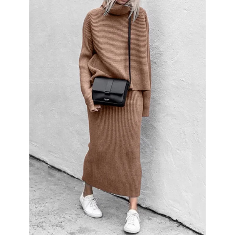 Women's Casual Dress Sweater Knitted Set 2022 Autumn New Casual Loose Fashion Round Neck Long Sleeve Long Dress Two Piece Set