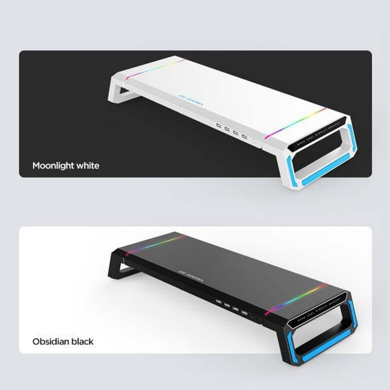 Supports de moniteur RGB avec station d’accueil USB et tiroir de rangement en blanc lumière de lune et noir obsidienne, dotés d’accents d’éclairage à LED arc-en-ciel le long des bords.