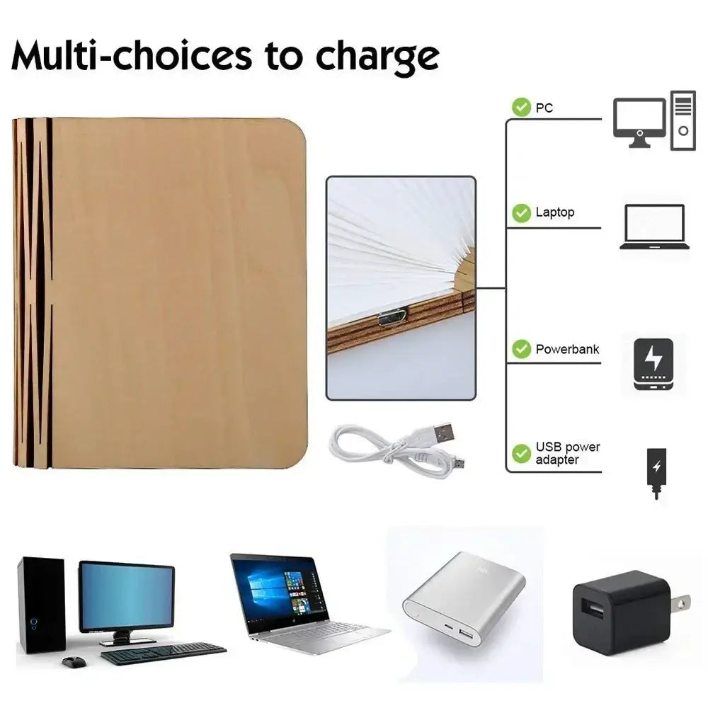 Beige wooden-textured 3d wooden foldable led book night light showing back with usb-c port visible compact book light