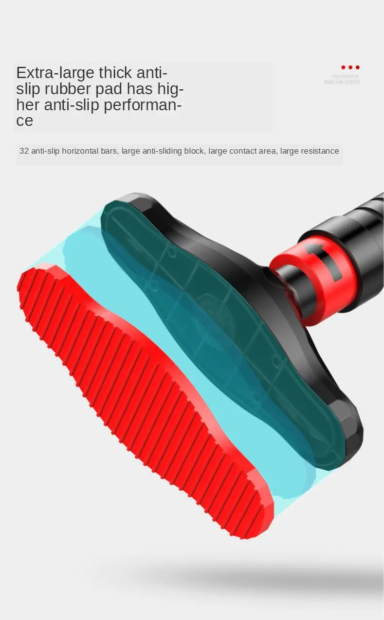 Barre de traction pour porte ajustable avec patin antidérapant en caoutchouc rouge et turquoise, comprenant 32 barres horizontales pour une meilleure prise lors d’une utilisation de fitness à domicile