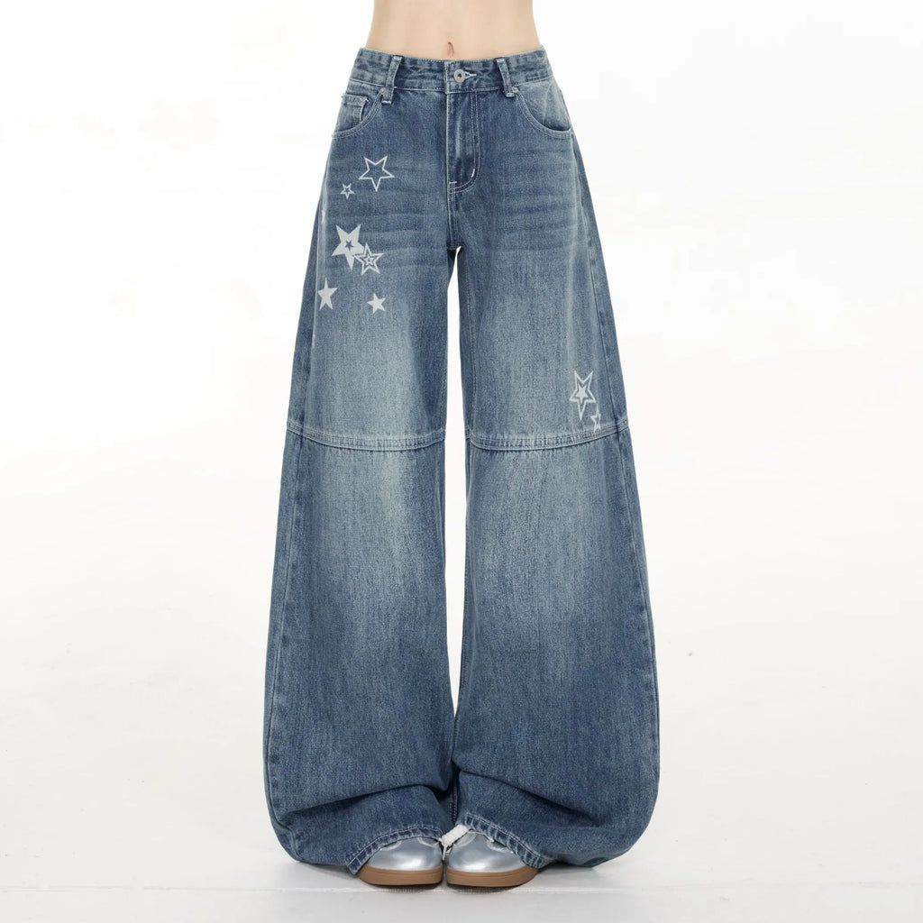 Women's Blue Casual Denim Jeans Baggy Y2K Harajuku High Street Fashion 2000S Style Cute Retro Wide Leg Jeans Long Pants Clothing