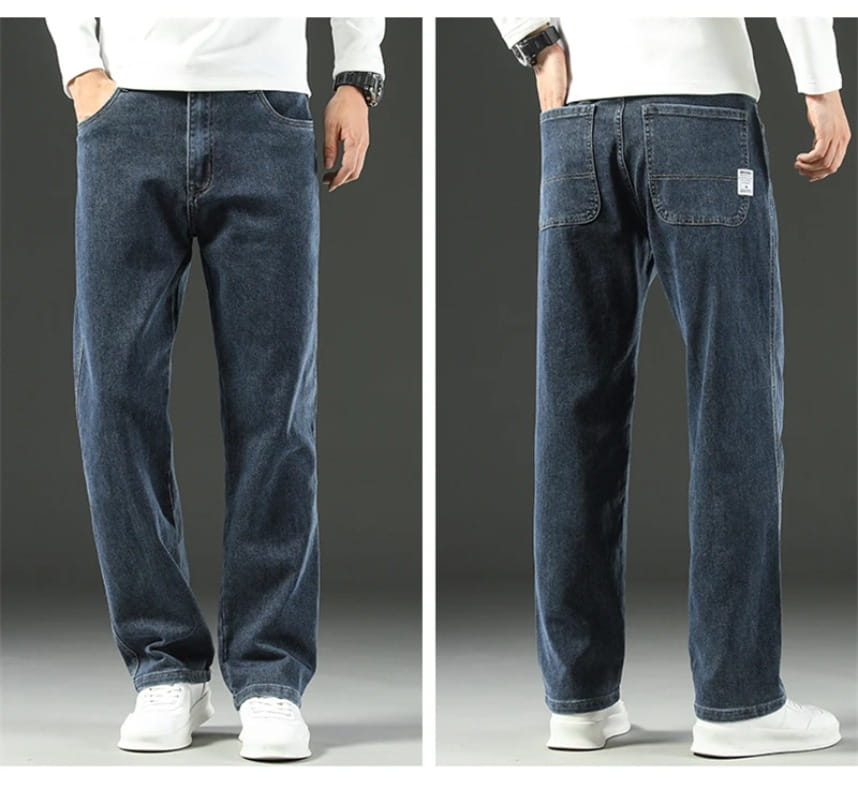 Men’s dark blue denim loose straight business casual jeans with a relaxed fit and subtle fading for a comfortable, polished look.