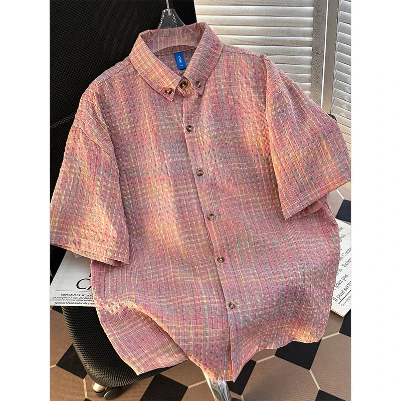 Short Sleeve Shirt Men Japanese Retro Summer New Casual Loose Solid Plaid Coats Popular Versatile Seersucker Ice Silk Tops