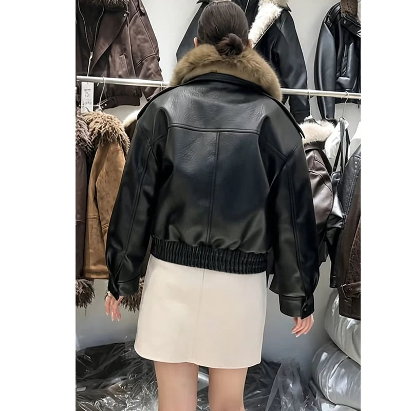Jackets Winter Women's 2026 New Fashion Fur Collar PU Leather Women's Winter Jacket Chic Youth Unique Street Warm Outerwear Coat