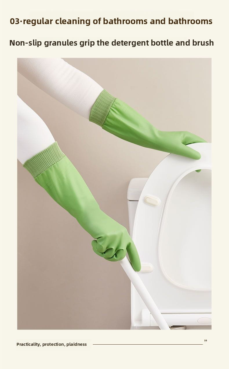Gants de vaisselle imperméables pour femmes, en caoutchouc vert, avec des poignets côtelés, présentés côté arrière.