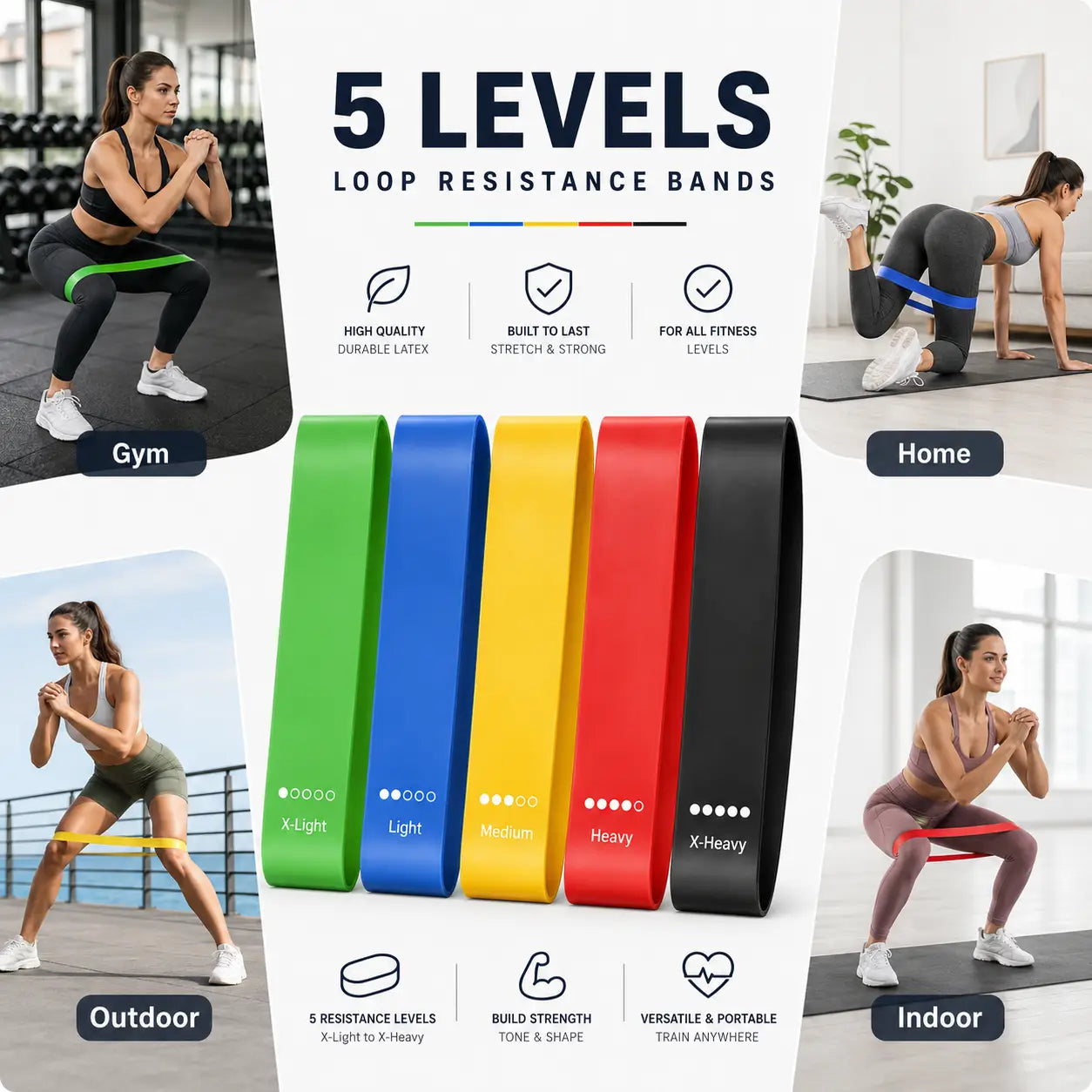 Set of five colorful loop resistance bands in green blue yellow red and black for home fitness workout suitable for various fitness levels.