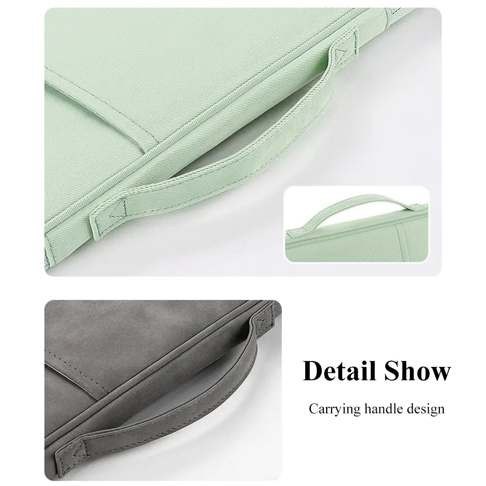 A pink laptop sleeve 11 to 13 inch padded case with a minimalist carrying handle design in soft mint green or muted gray fabric featuring clean stitching and subtle texture.