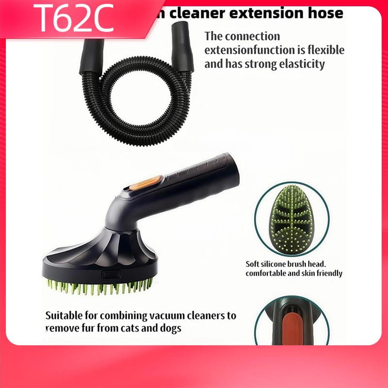 black t62c pet grooming vacuum attachment and hair brush kit with flexible silicone bristle head and elastic extension hose for effective pet hair removal