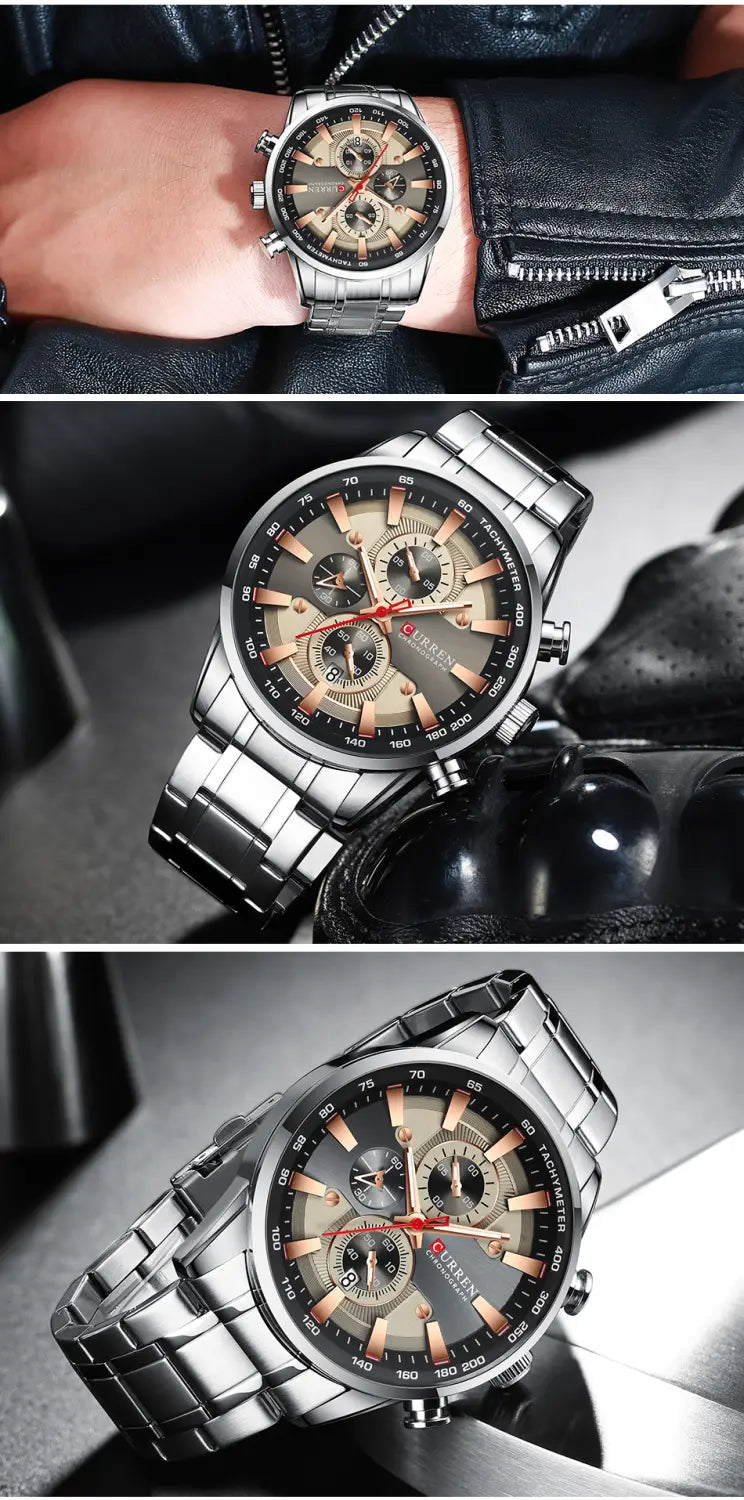 Curren mens chronograph stainless steel watch with silver-tone case, beige and black dial, rose gold-tone accents, and three subdials for stopwatch functions.