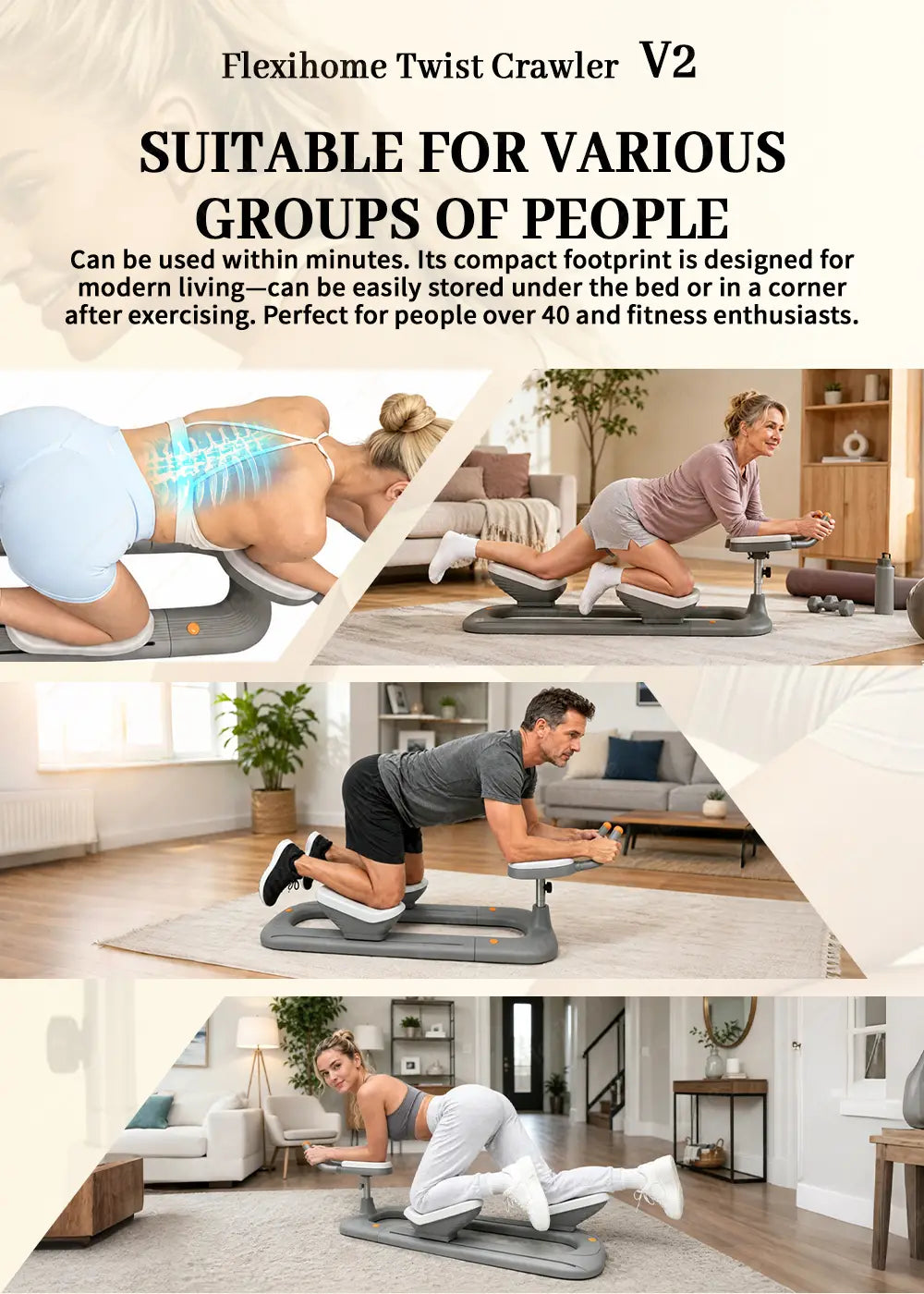 gray flexihome twist crawler v2 abdomen exercise device with a sleek ergonomic design and adjustable padded surfaces for core strengthening and portable back stretching.