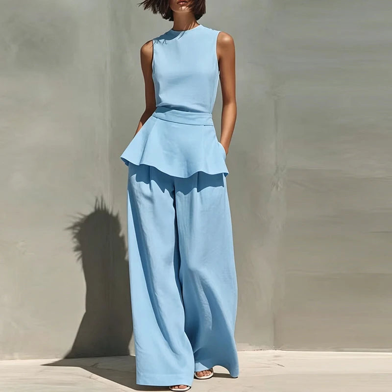 Office Lady Outfits Women Fashion Two Piece Set Summer Sleeveless O Neck Vest Sleeveless Shirt High Waist Pants Suit Work Wear