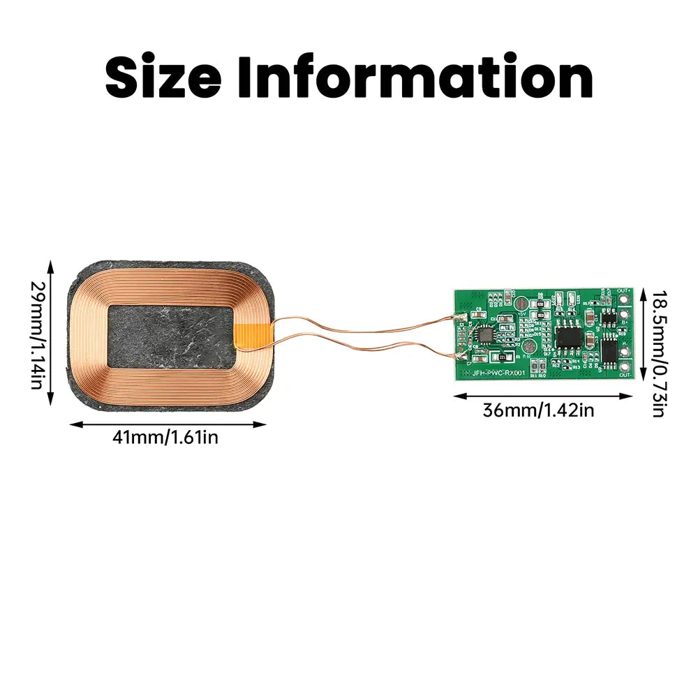 5w wireless charging receiver module featuring copper coils and a green printed circuit board with electronic components designed for 3.7v battery charging.