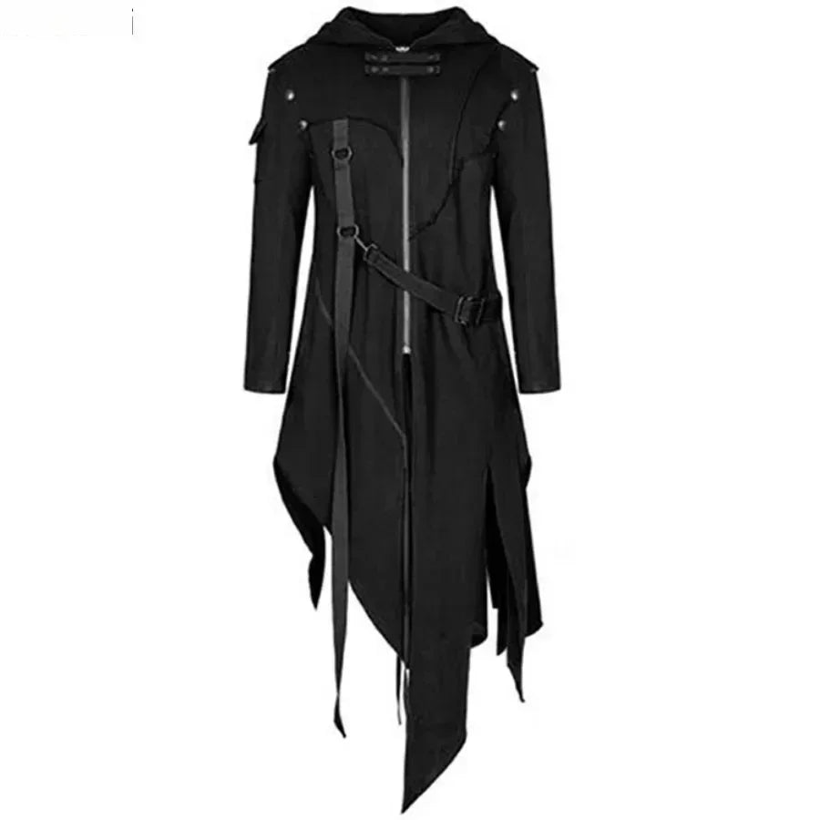 New  Men's Punk Style Irregular Trench Coats Black Gothic Long Hooded Jackets Halloween Man Cosplay Costume Large Size S-5XL
