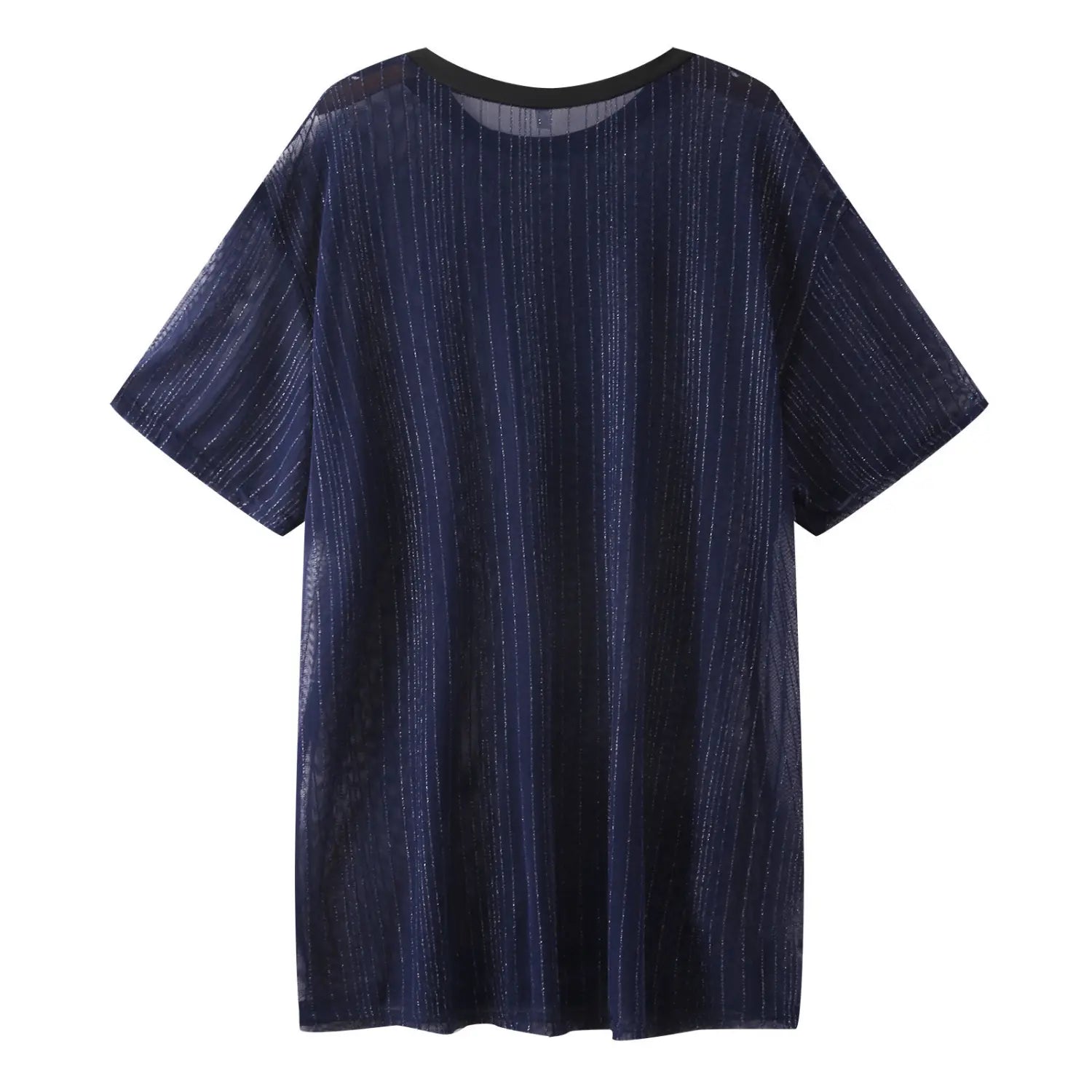 A navy blue men glitter mesh short sleeve t-shirt with sheer shimmering fabric and vertical glittery stripes.