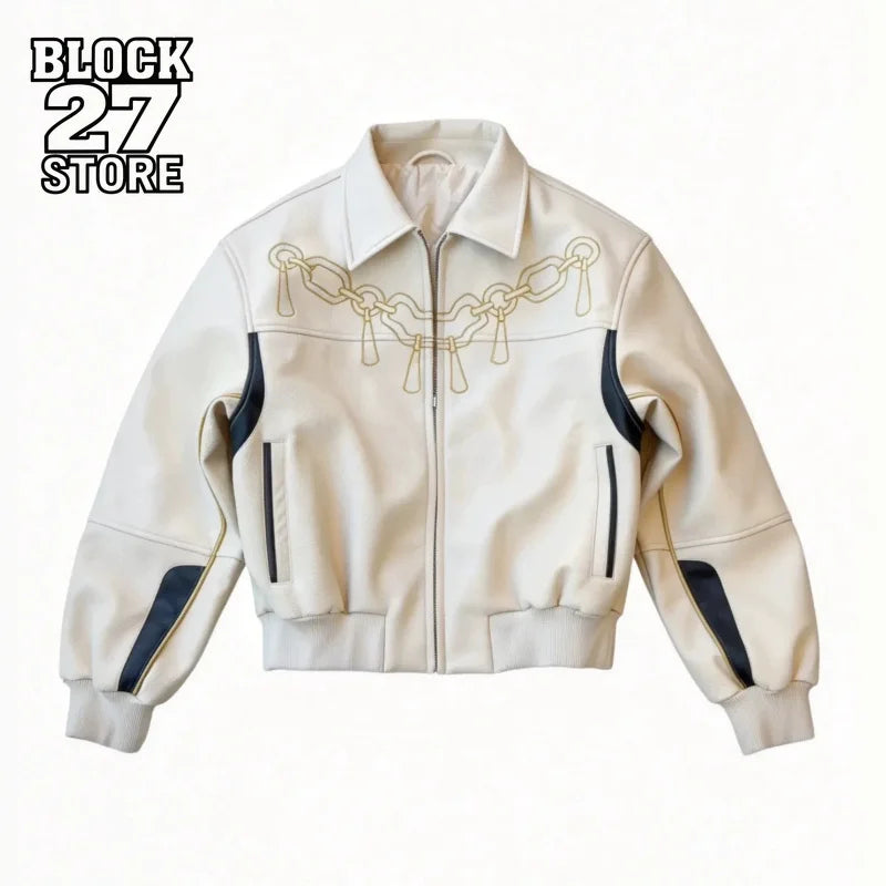Mens PU Leather Jacket Embroidery Motorcycle Coat Harajuku Unisex Cropped Lapel Collar Vintage Streetwear Casual Fashion Trend