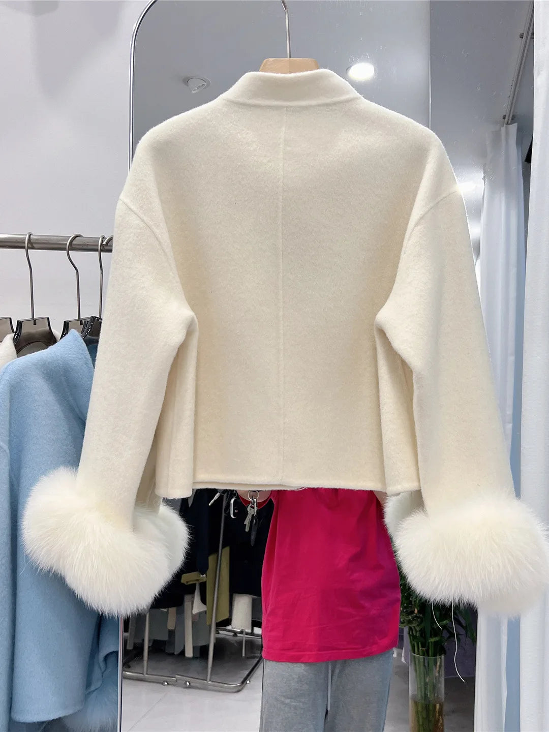 Women's Autumn Winter Elegant Bow Collar Long Sleeve Wool Short Jacket Lady Solid Color Fox Fur Cuffs Loose Wool Outwear Top